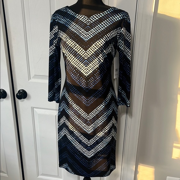 NWT Karen Kane Black, Blue, and White Sheath Dress - Picture 1 of 9